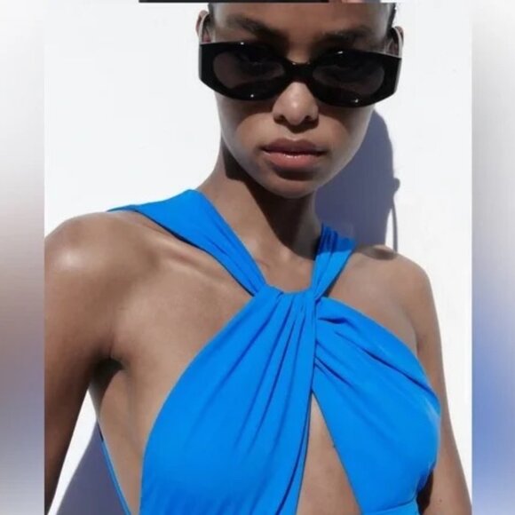 Zara Women Knotted Neckline Bodysuit - Size M - Blue - Picture 7 of 9